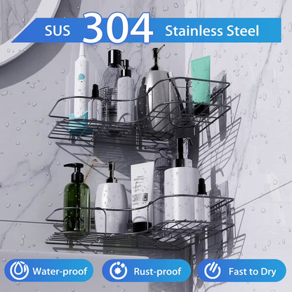 Corner Shower Caddy - 2 Pack, Adhesive Shower Organizers, Rustproof Stainless Steel Shower Shelves with 4 Hooks, No Drilling Bathroom Organizers and Storage Racks, Space-Saving