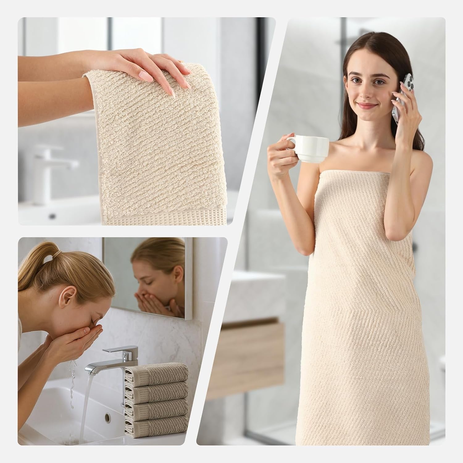 Luxury Bath Towel Set of 8, 100% Cotton Bathroom Towels Set with 2 Bath Towels, 2 Hand Towels, 4 Washcloths, Ultra Soft Highly Absorbent Towels for Bathroom, Gym, Hotel, Spa, Brown
