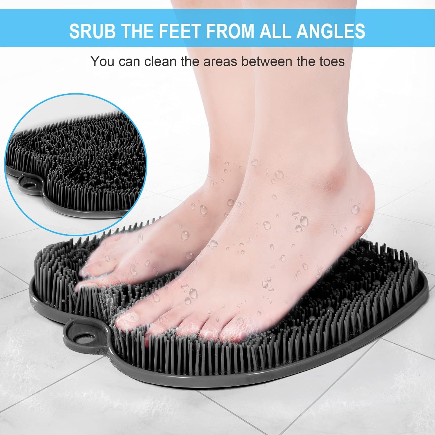 Larger Shower Foot Scrubber Mat with Non-Slip Suction Cups- Cleans, Smooths, Exfoliates & Massages Your Feet without Bending, Improve Foot Circulation & Soothes Tired Feet- Black