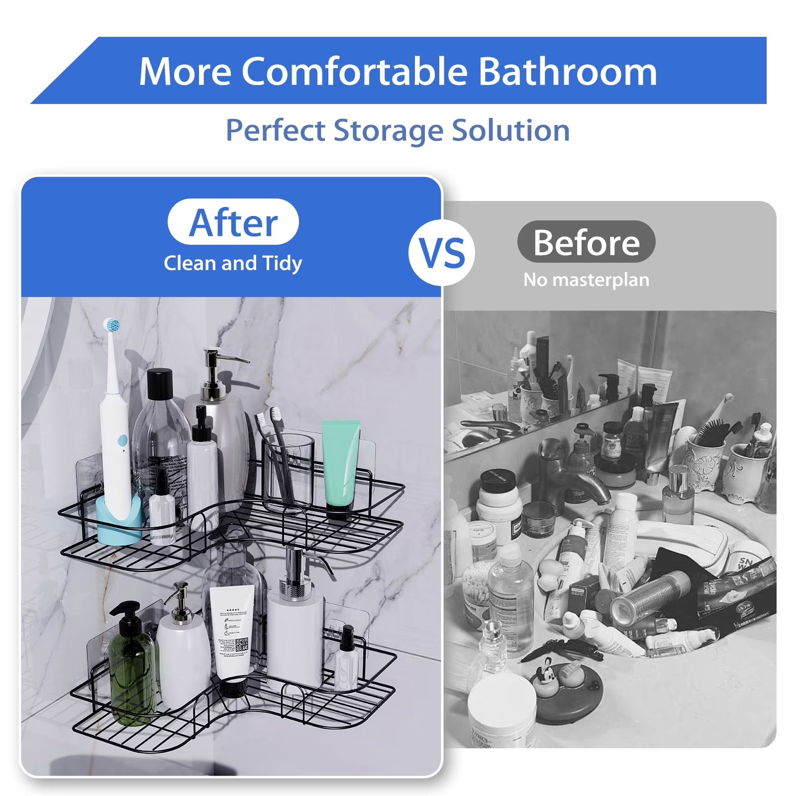 Corner Shower Caddy - 2 Pack, Adhesive Shower Organizers, Rustproof Stainless Steel Shower Shelves with 4 Hooks, No Drilling Bathroom Organizers and Storage Racks, Space-Saving