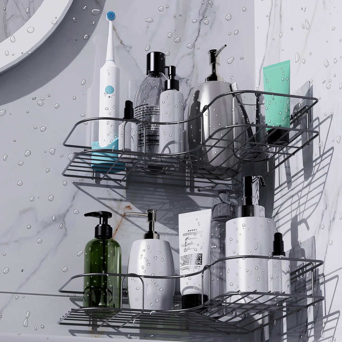 Corner Shower Caddy - 2 Pack, Adhesive Shower Organizers, Rustproof Stainless Steel Shower Shelves with 4 Hooks, No Drilling Bathroom Organizers and Storage Racks, Space-Saving