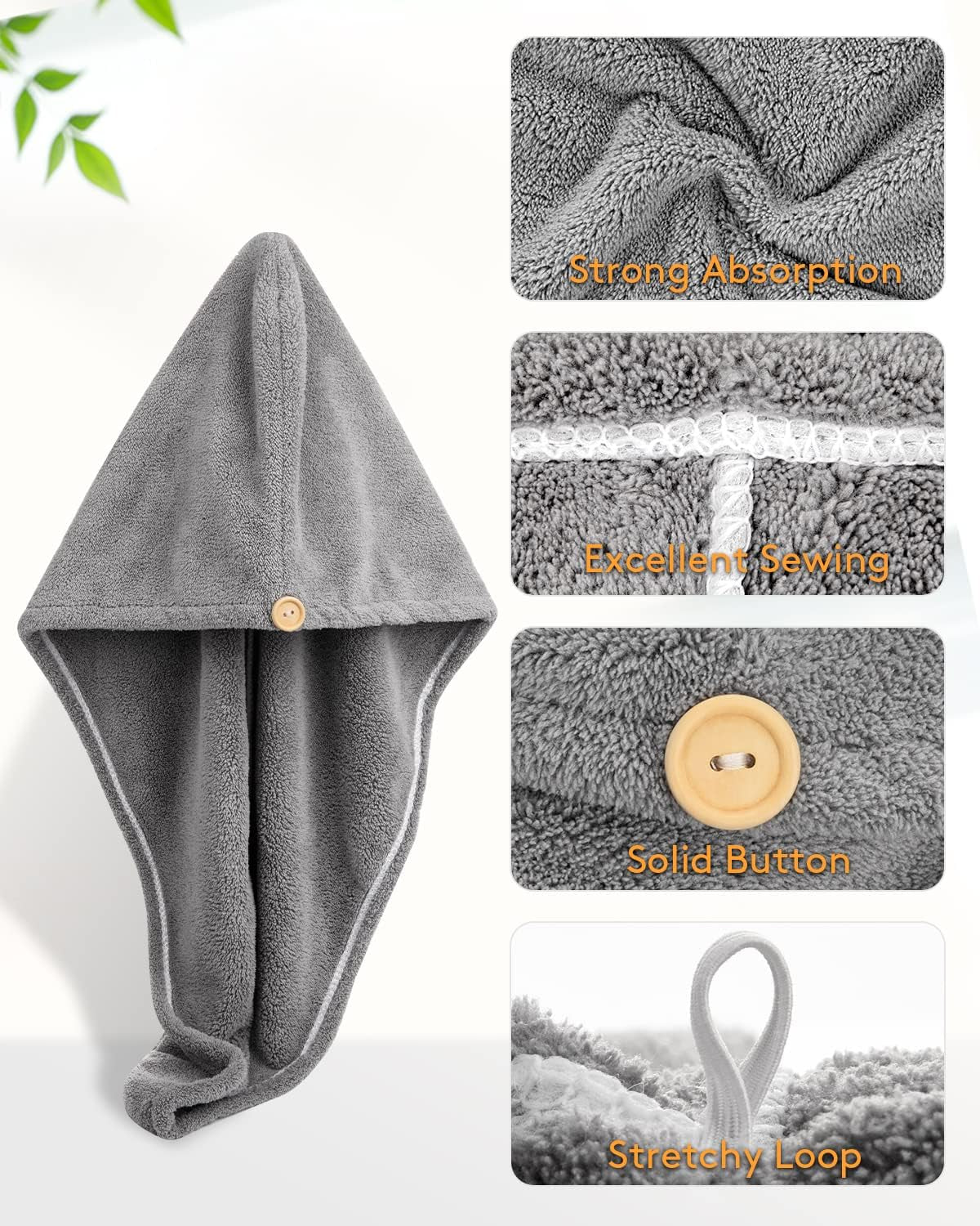 3 Pack Hair Drying Towels, Hair Towel with Button, Super Absorbent Microfiber Hair Towel for Curly Hair, Fast Drying Hair Wraps for Women Girls, Microfiber Towel for Hair