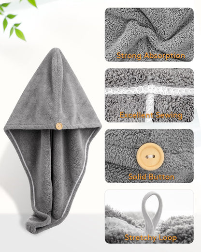 3 Pack Hair Drying Towels, Hair Towel with Button, Super Absorbent Microfiber Hair Towel for Curly Hair, Fast Drying Hair Wraps for Women Girls, Microfiber Towel for Hair